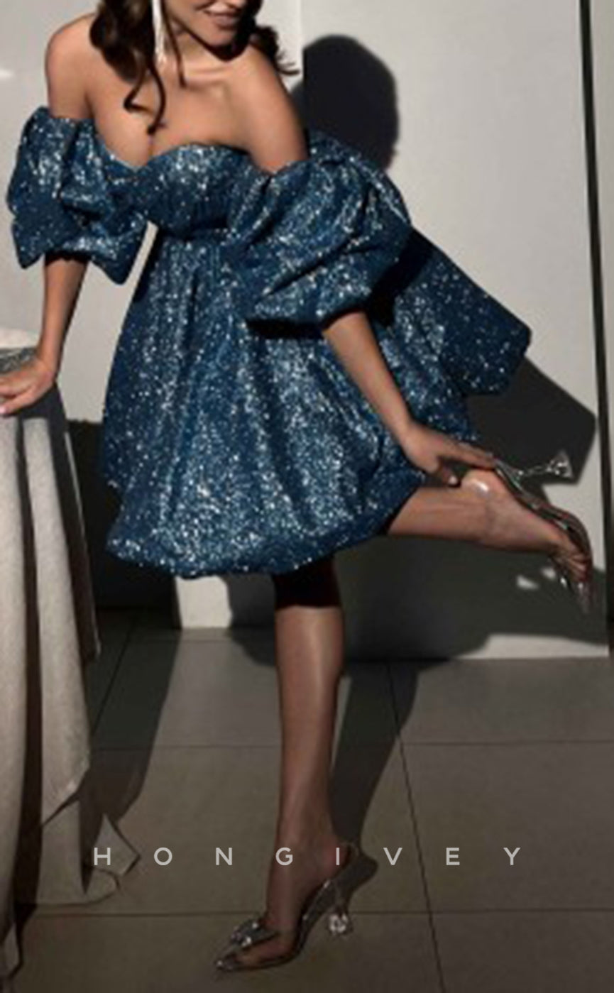 H1922 - Sexy Fully Sequined A-Line Sweetheart Puff Sleeves Gown Short Party/Homecoming Dress - Fashionpara