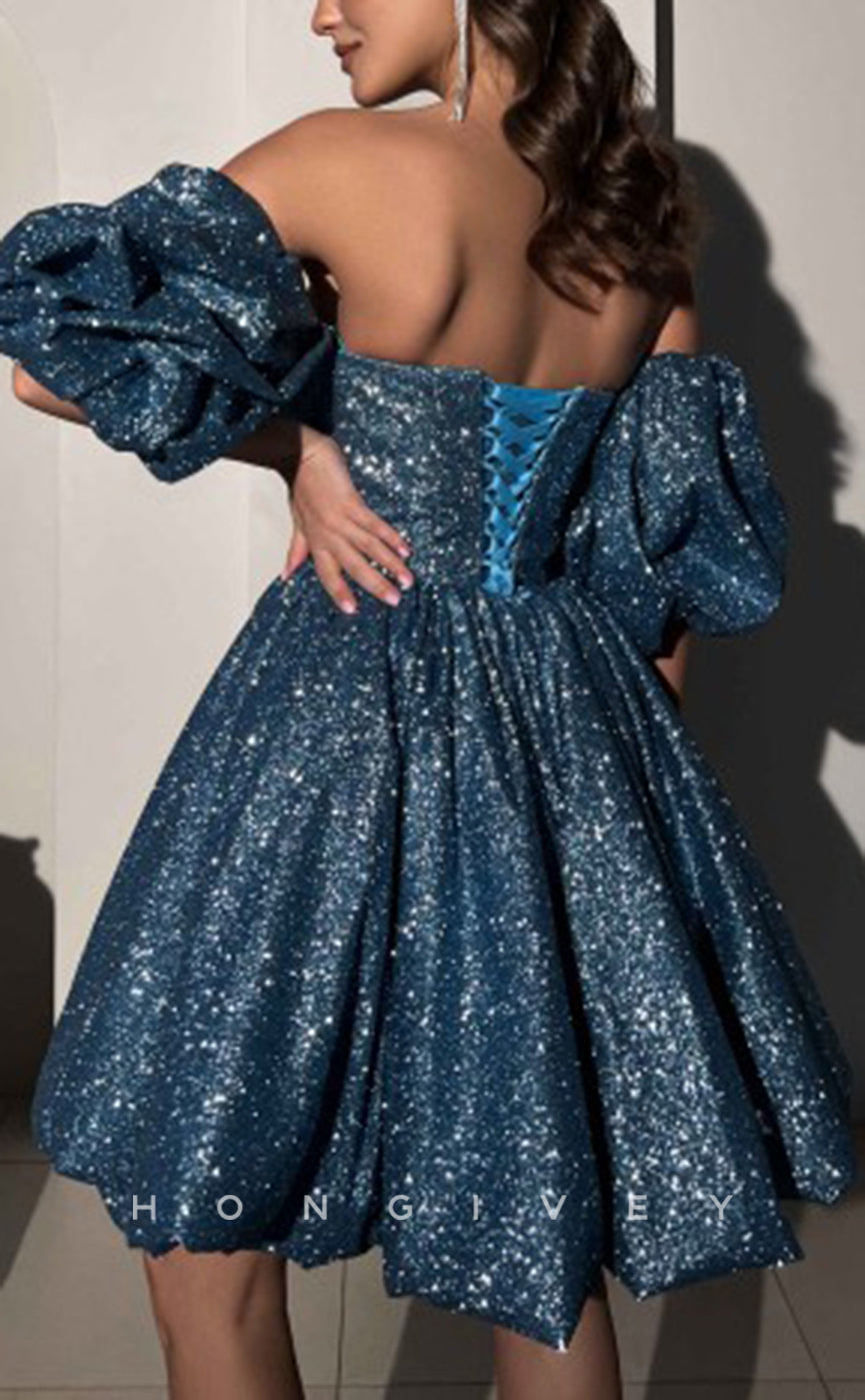 H1922 - Sexy Fully Sequined A-Line Sweetheart Puff Sleeves Gown Short Party/Homecoming Dress - Fashionpara