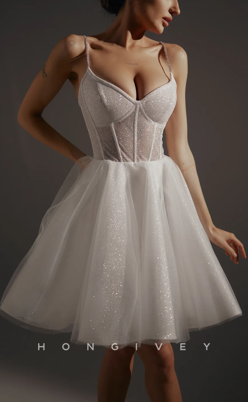 H1932 - Ornate/Sexy Glitter V-Neck Illusion Cutout Spaghetti Straps Short Party/Prom/Homecoming Dress - Fashionpara