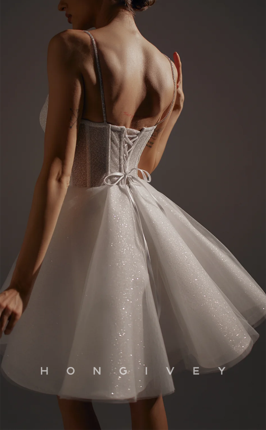 H1932 - Ornate/Sexy Glitter V-Neck Illusion Cutout Spaghetti Straps Short Party/Prom/Homecoming Dress - Fashionpara