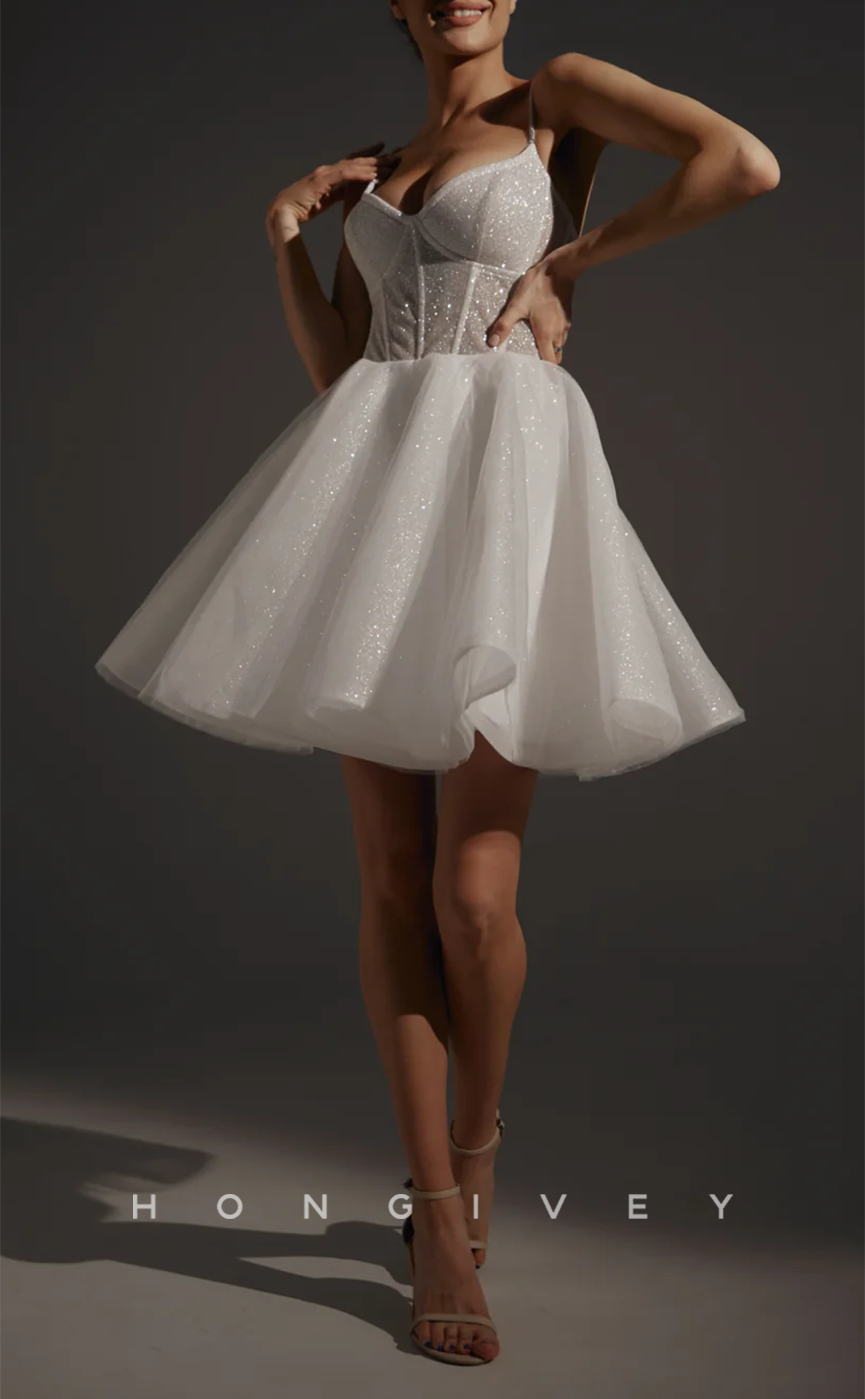 H1932 - Ornate/Sexy Glitter V-Neck Illusion Cutout Spaghetti Straps Short Party/Prom/Homecoming Dress - Fashionpara