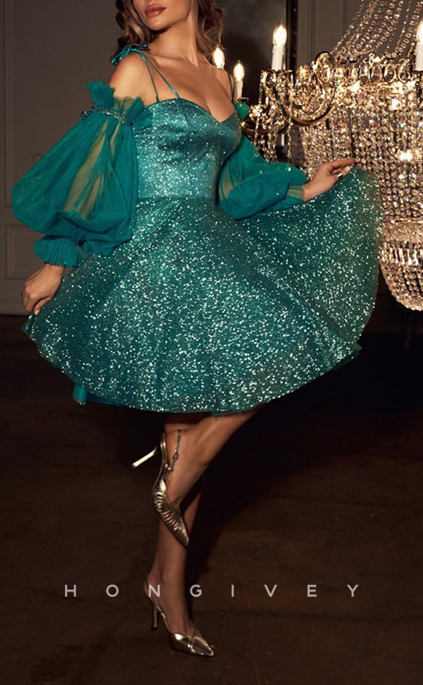 H1934 - Ornate/Sexy Fully Sequined V-Neck Spaghetti Straps Puff Sleeves Gown Short Evening/Homecoming Dress - Fashionpara