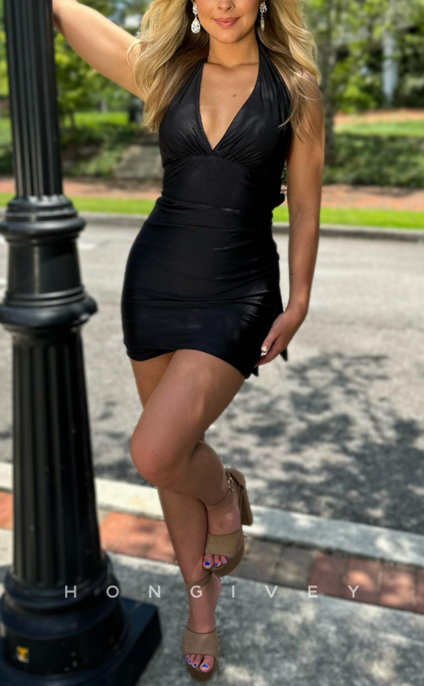H1939 - Sexy/Fitted V-Neck Halter Bowknot Backless Short Party/Homecoming Dress - Fashionpara
