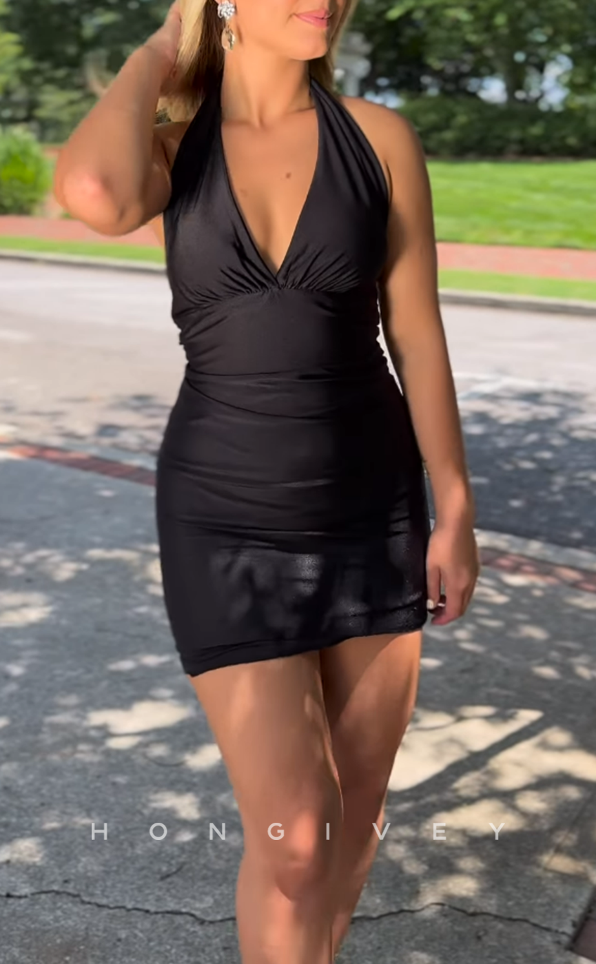 H1939 - Sexy/Fitted V-Neck Halter Bowknot Backless Short Party/Homecoming Dress - Fashionpara