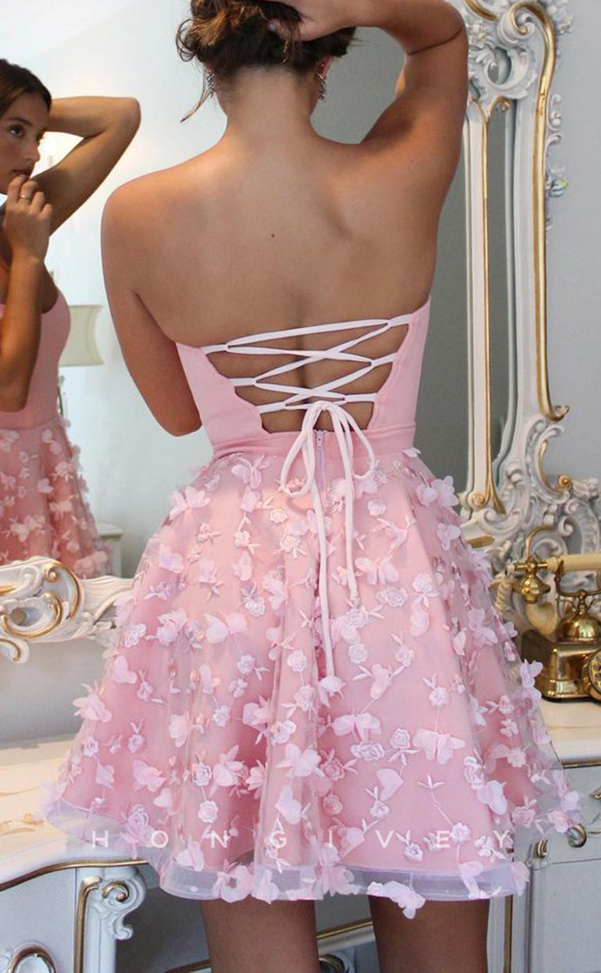 H1947 - Sexy A-Line Sweetheart Strapless Lace-Up Appliques Short Homecoming Dress - Fashionpara