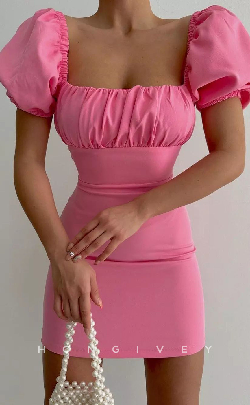 H1948 - Simple & Casual Fitted Square Ruched Puff Sleeves Gown Lace-Up Short Homecoming Dress - Fashionpara