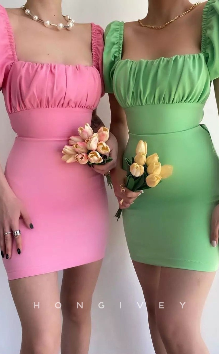 H1948 - Simple & Casual Fitted Square Ruched Puff Sleeves Gown Lace-Up Short Homecoming Dress - Fashionpara