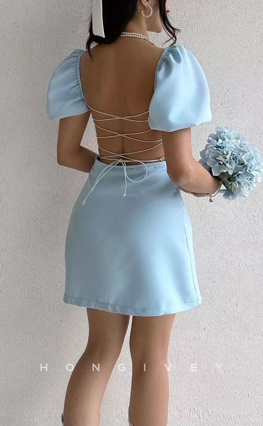 H1948 - Simple & Casual Fitted Square Ruched Puff Sleeves Gown Lace-Up Short Homecoming Dress - Fashionpara