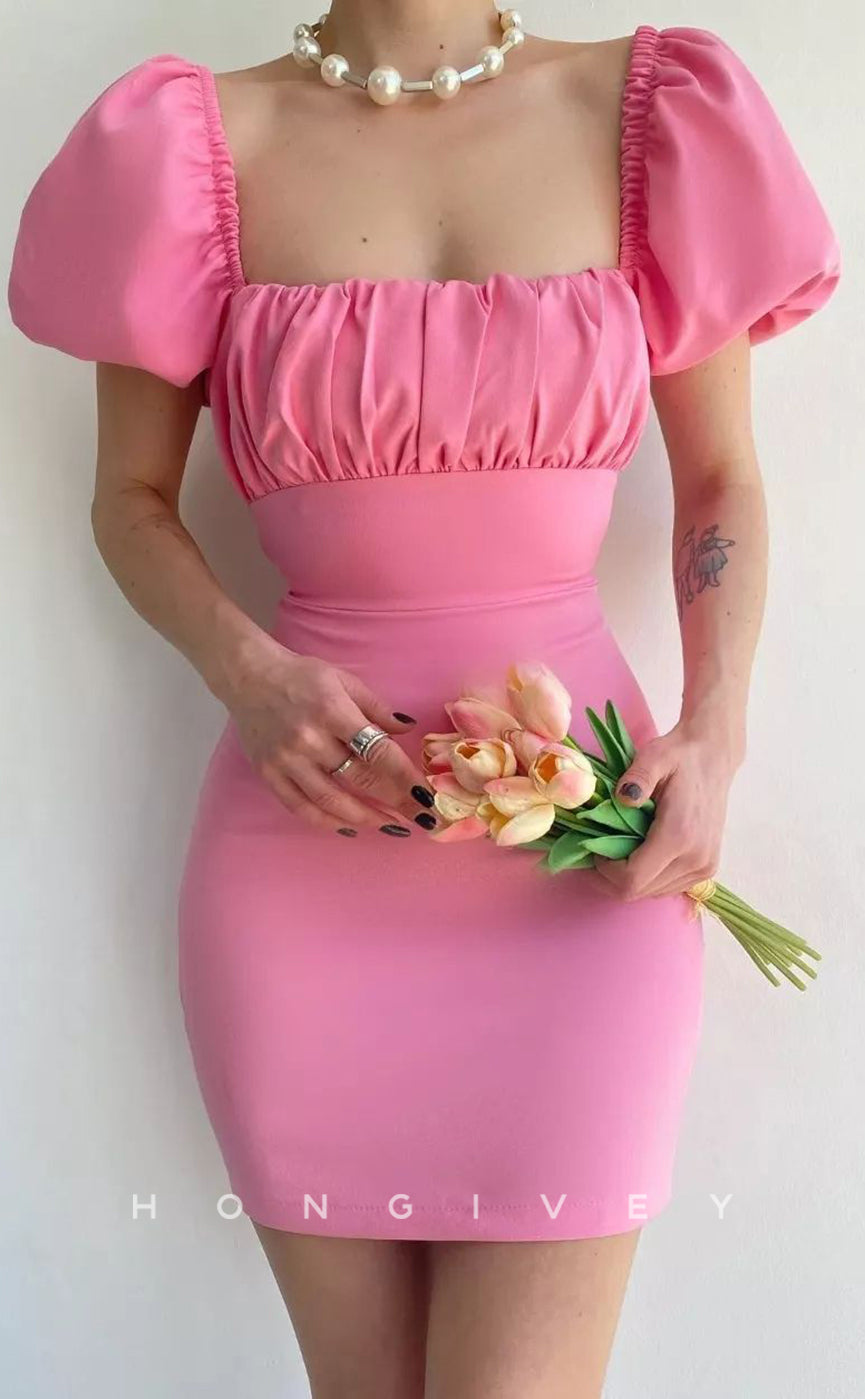 H1948 - Simple & Casual Fitted Square Ruched Puff Sleeves Gown Lace-Up Short Homecoming Dress - Fashionpara