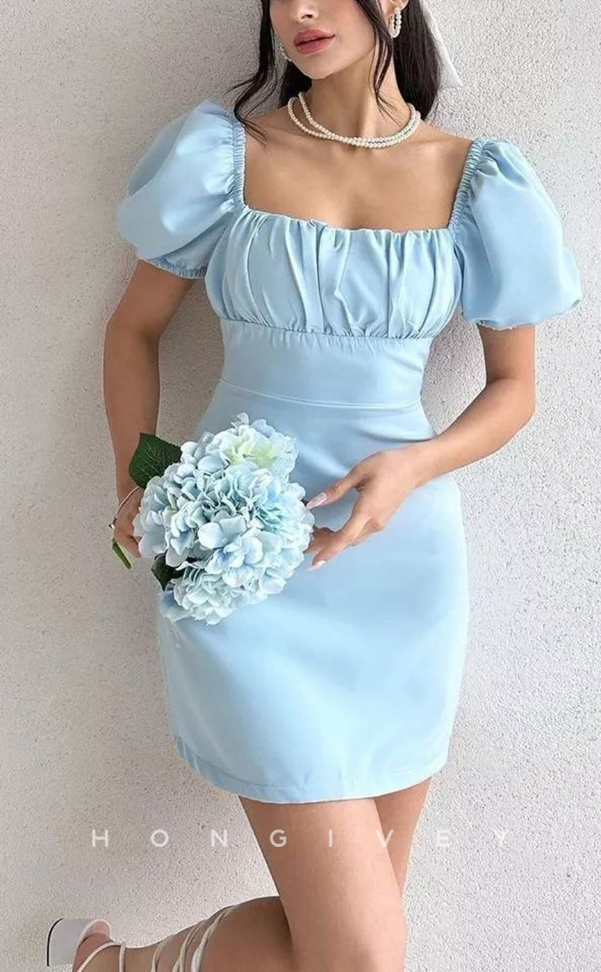 H1948 - Simple & Casual Fitted Square Ruched Puff Sleeves Gown Lace-Up Short Homecoming Dress - Fashionpara