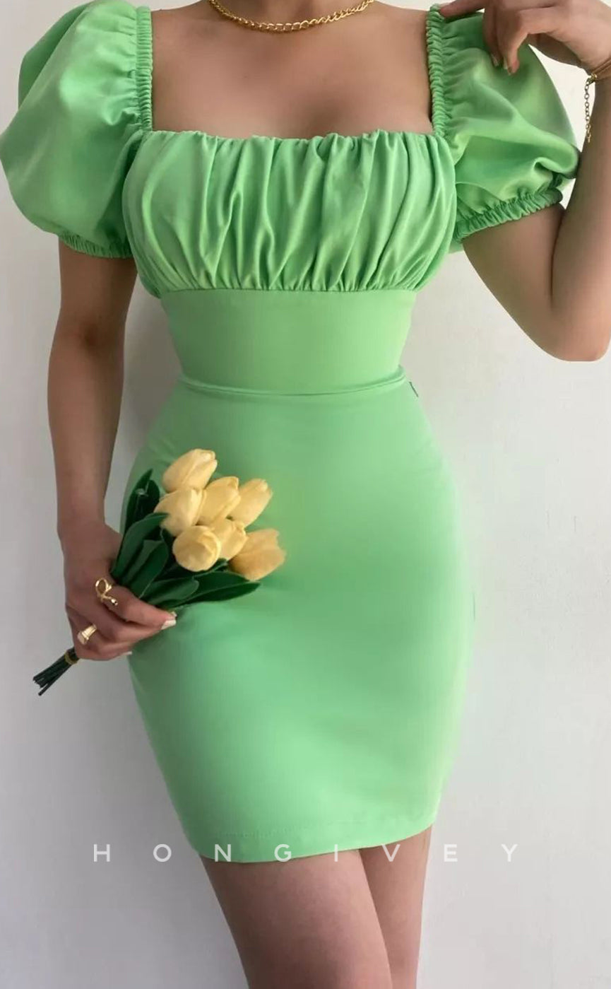 H1948 - Simple & Casual Fitted Square Ruched Puff Sleeves Gown Lace-Up Short Homecoming Dress - Fashionpara