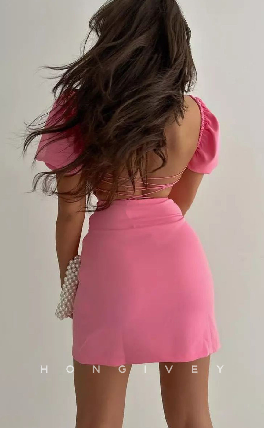 H1948 - Simple & Casual Fitted Square Ruched Puff Sleeves Gown Lace-Up Short Homecoming Dress - Fashionpara