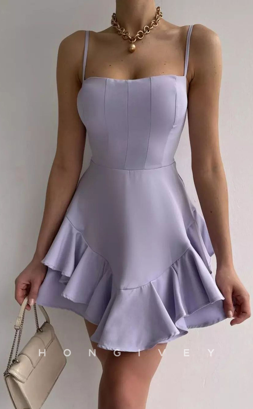 H1949 - Sexy Satin Square Spaghetti Straps Ruffles Short Party/Homecoming Dress - Fashionpara