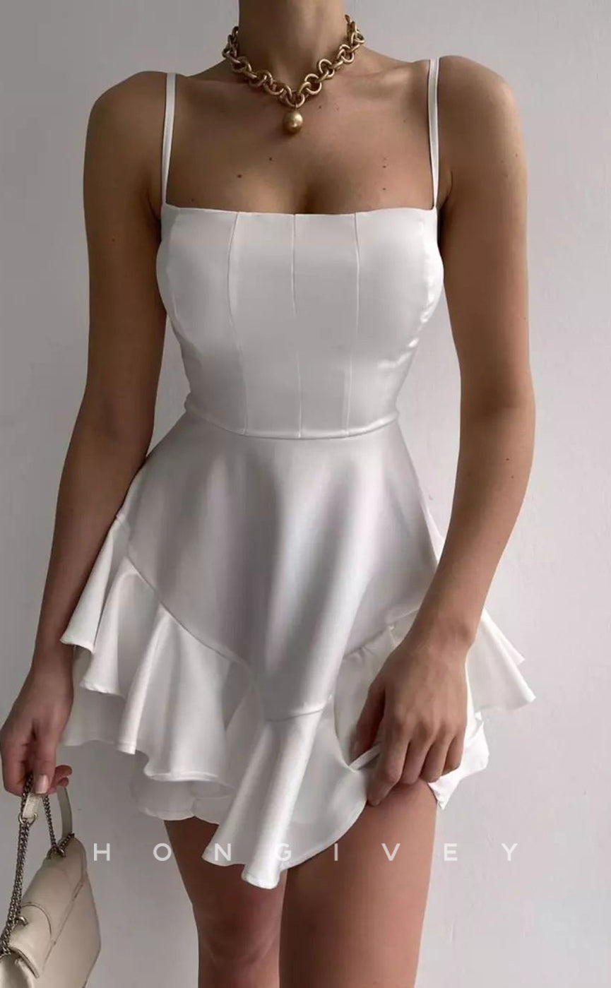 H1949 - Sexy Satin Square Spaghetti Straps Ruffles Short Party/Homecoming Dress - Fashionpara