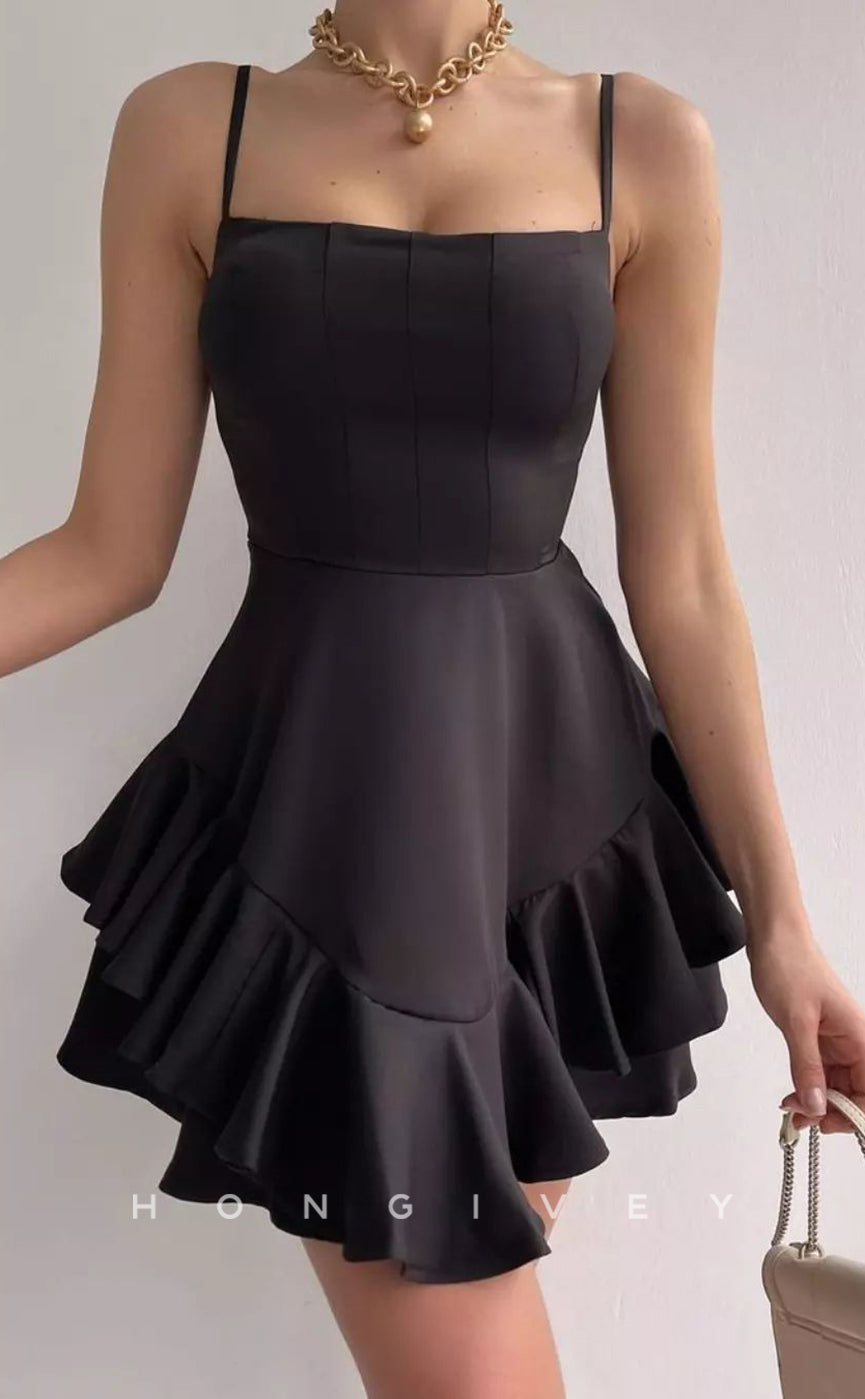 H1949 - Sexy Satin Square Spaghetti Straps Ruffles Short Party/Homecoming Dress - Fashionpara