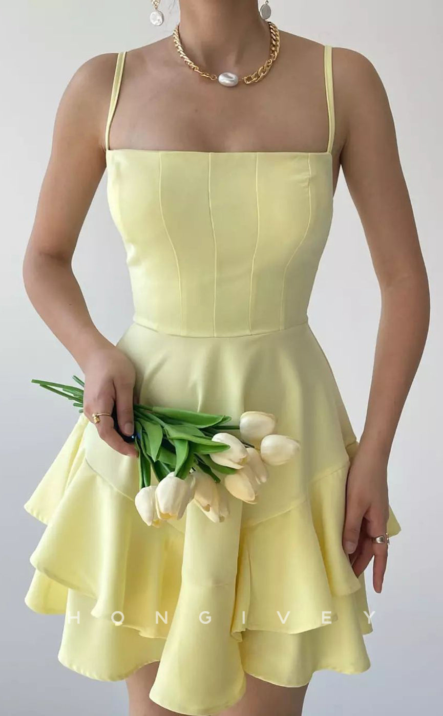 H1949 - Sexy Satin Square Spaghetti Straps Ruffles Short Party/Homecoming Dress - Fashionpara
