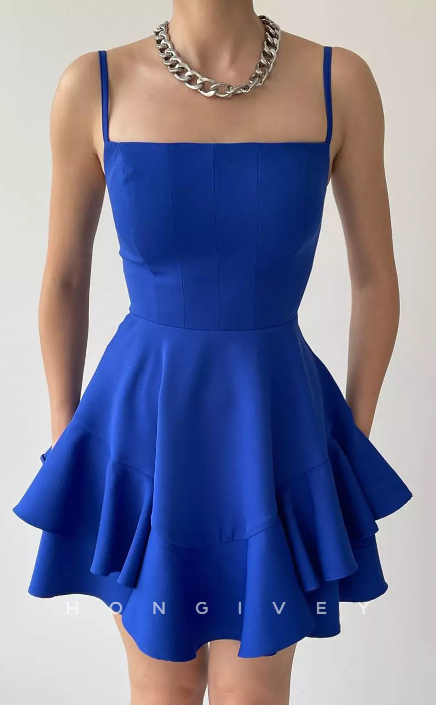 H1949 - Sexy Satin Square Spaghetti Straps Ruffles Short Party/Homecoming Dress - Fashionpara