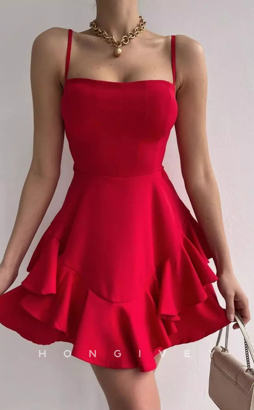 H1949 - Sexy Satin Square Spaghetti Straps Ruffles Short Party/Homecoming Dress - Fashionpara