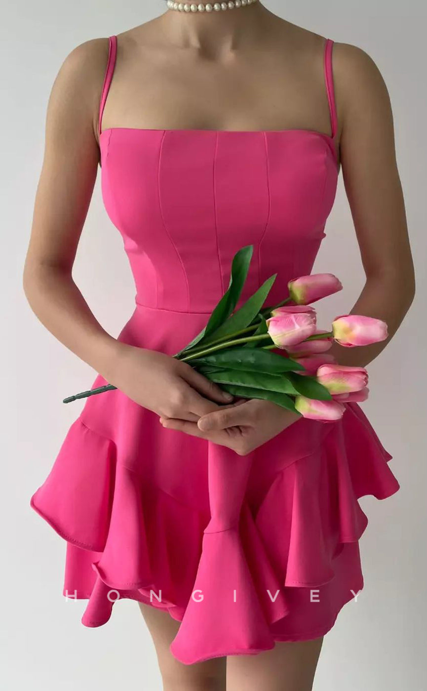 H1949 - Sexy Satin Square Spaghetti Straps Ruffles Short Party/Homecoming Dress - Fashionpara