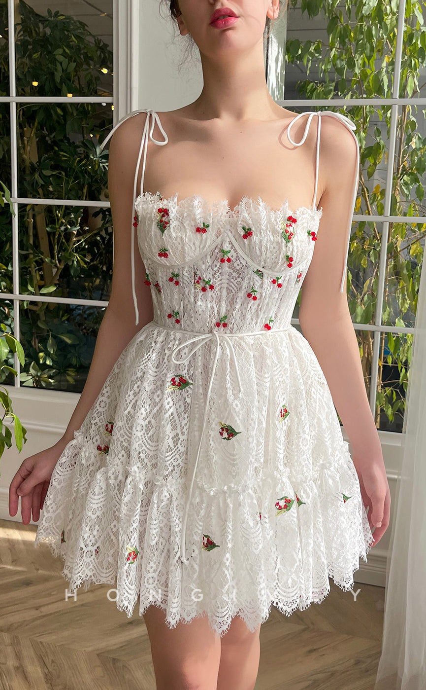 H1950 - Sweet Lace Appliques Sweetheart Spaghetti Straps Sashes Short Homecoming Dress - Fashionpara