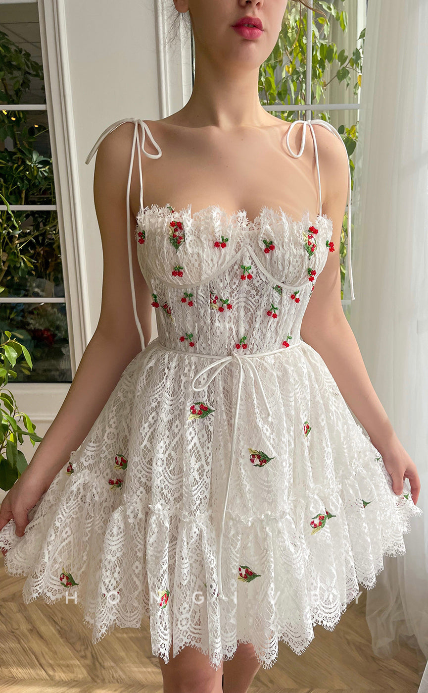 H1950 - Sweet Lace Appliques Sweetheart Spaghetti Straps Sashes Short Homecoming Dress - Fashionpara
