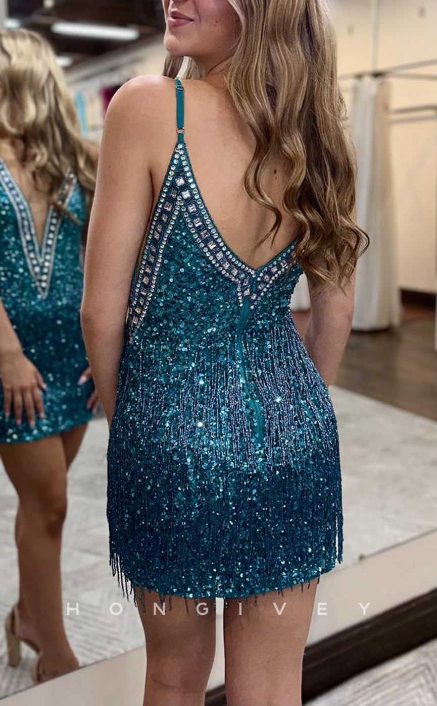 H1952 - Sexy Fitted Plunging Illusion Spaghetti Straps Fully Sequined Beaded Fringe Homecoming Dress - Fashionpara