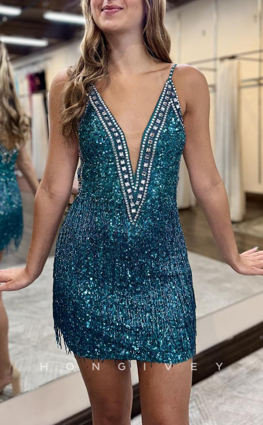 H1952 - Sexy Fitted Plunging Illusion Spaghetti Straps Fully Sequined Beaded Fringe Homecoming Dress - Fashionpara