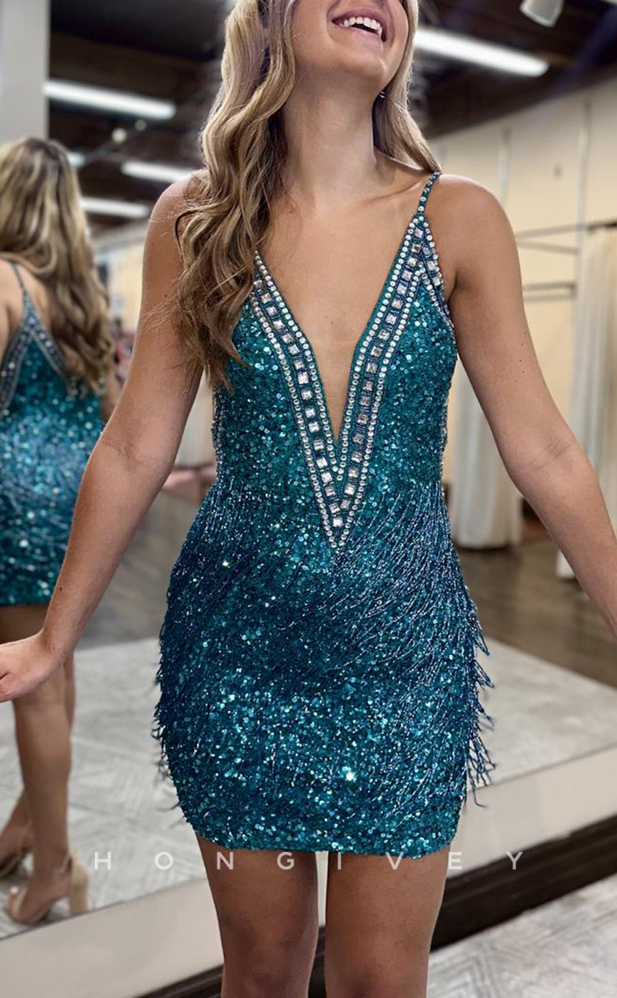 H1952 - Sexy Fitted Plunging Illusion Spaghetti Straps Fully Sequined Beaded Fringe Homecoming Dress - Fashionpara