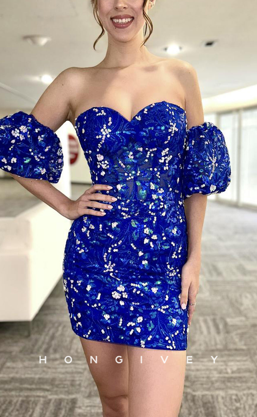 H1953 - Sexy Fitted Strapless Sweetheart Strapless Puff Sleeves Gown Floral Appliqued Homecoming Dress - Fashionpara