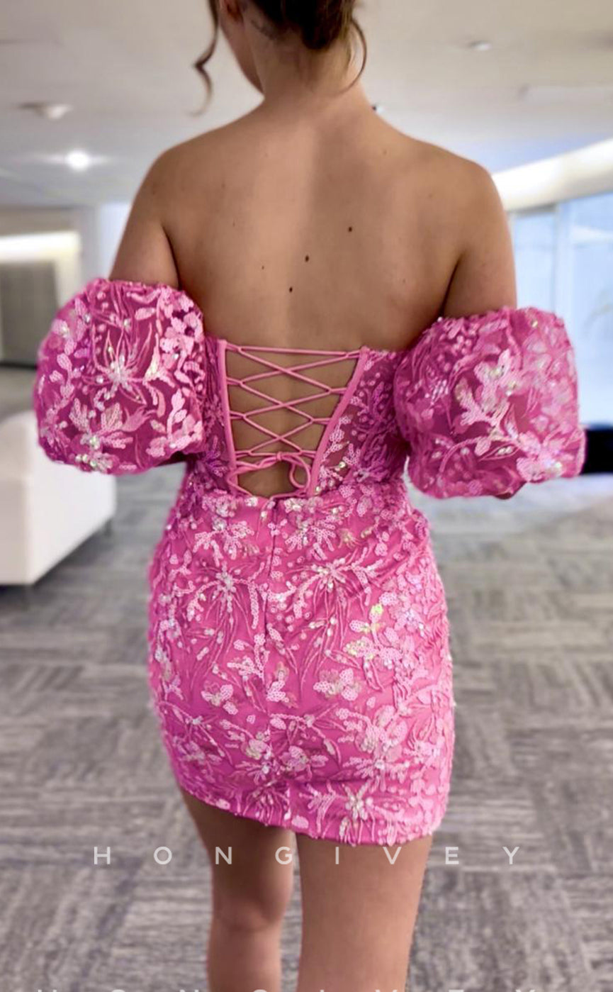 H1953 - Sexy Fitted Strapless Sweetheart Strapless Puff Sleeves Gown Floral Appliqued Homecoming Dress - Fashionpara