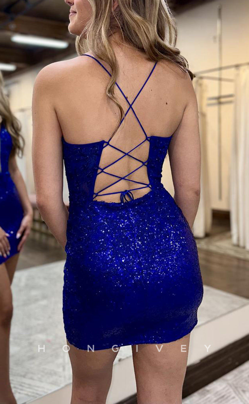 H1957 - Sexy Fitted Plunging Illusion Spaghetti Straps Floral Appliqued Party/Homecoming Dress - Fashionpara