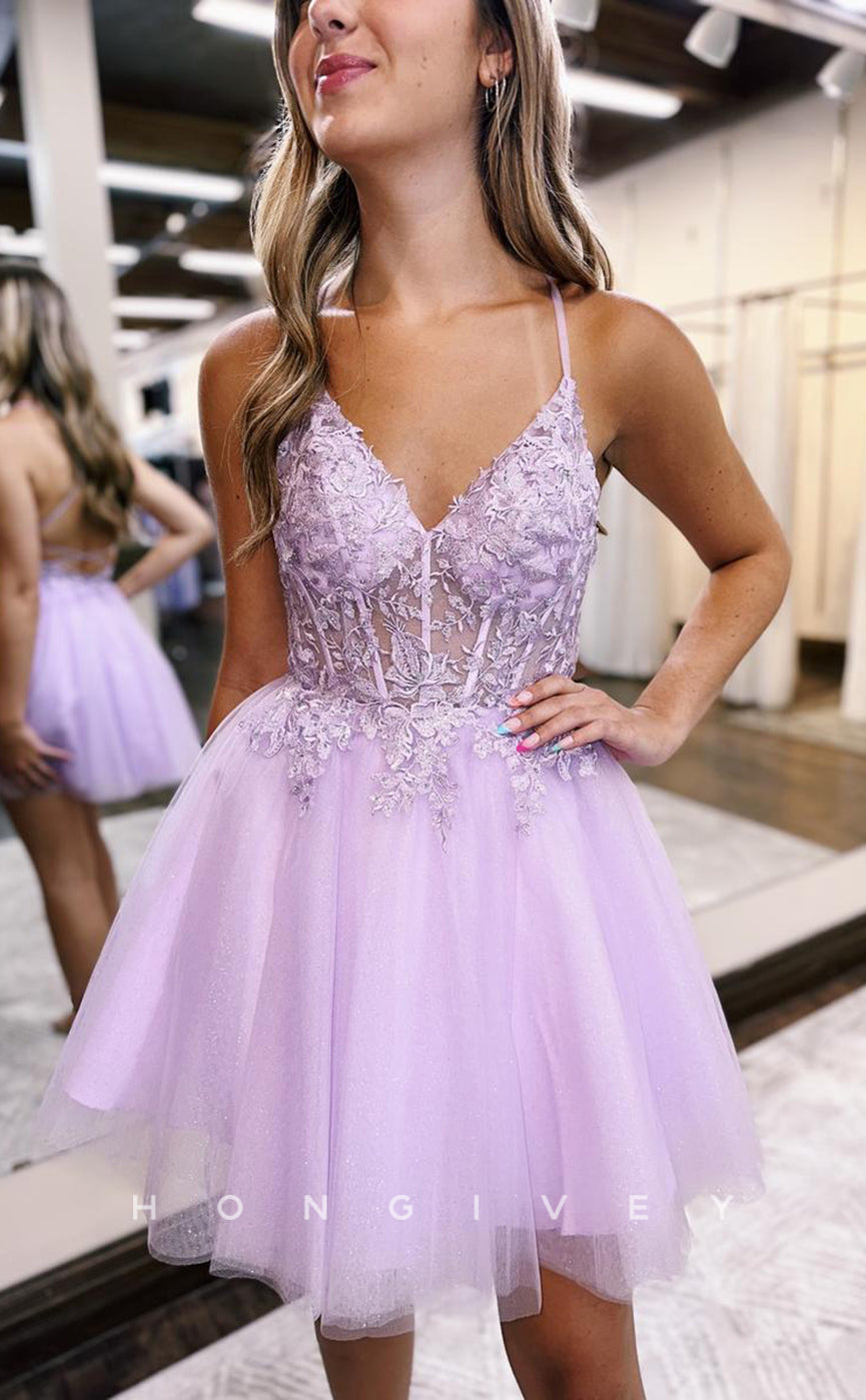 H1961 - Simple & Casual V-Neck Spaghetti Straps Appliques Backless Short A-Line Homecoming Dress - Fashionpara