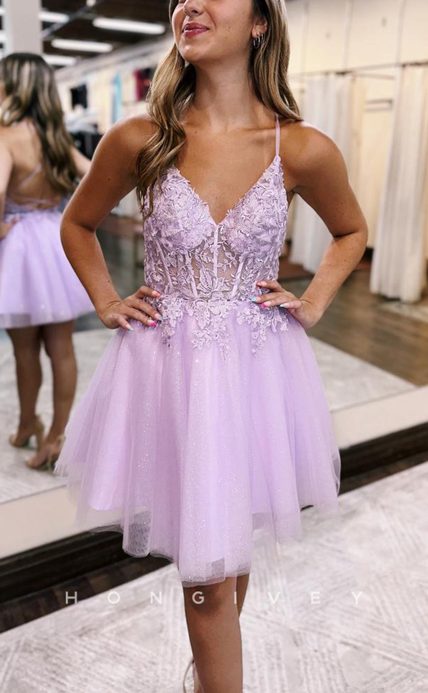 H1961 - Simple & Casual V-Neck Spaghetti Straps Appliques Backless Short A-Line Homecoming Dress - Fashionpara