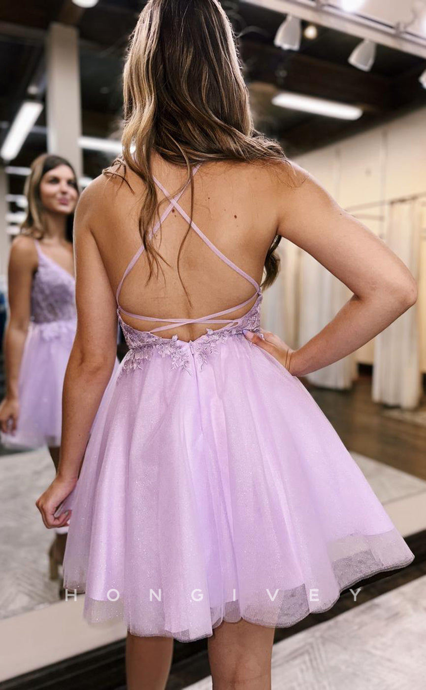 H1961 - Simple & Casual V-Neck Spaghetti Straps Appliques Backless Short A-Line Homecoming Dress - Fashionpara