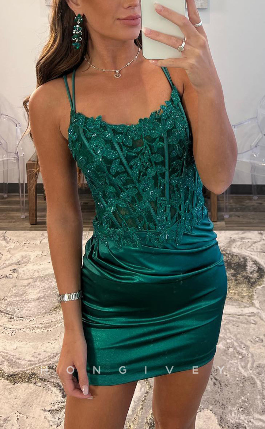 H1962 - Sexy Fitted Scoop Spaghetti Straps Floral Appliqued Lace-Up Short Homecoming Dress - Fashionpara