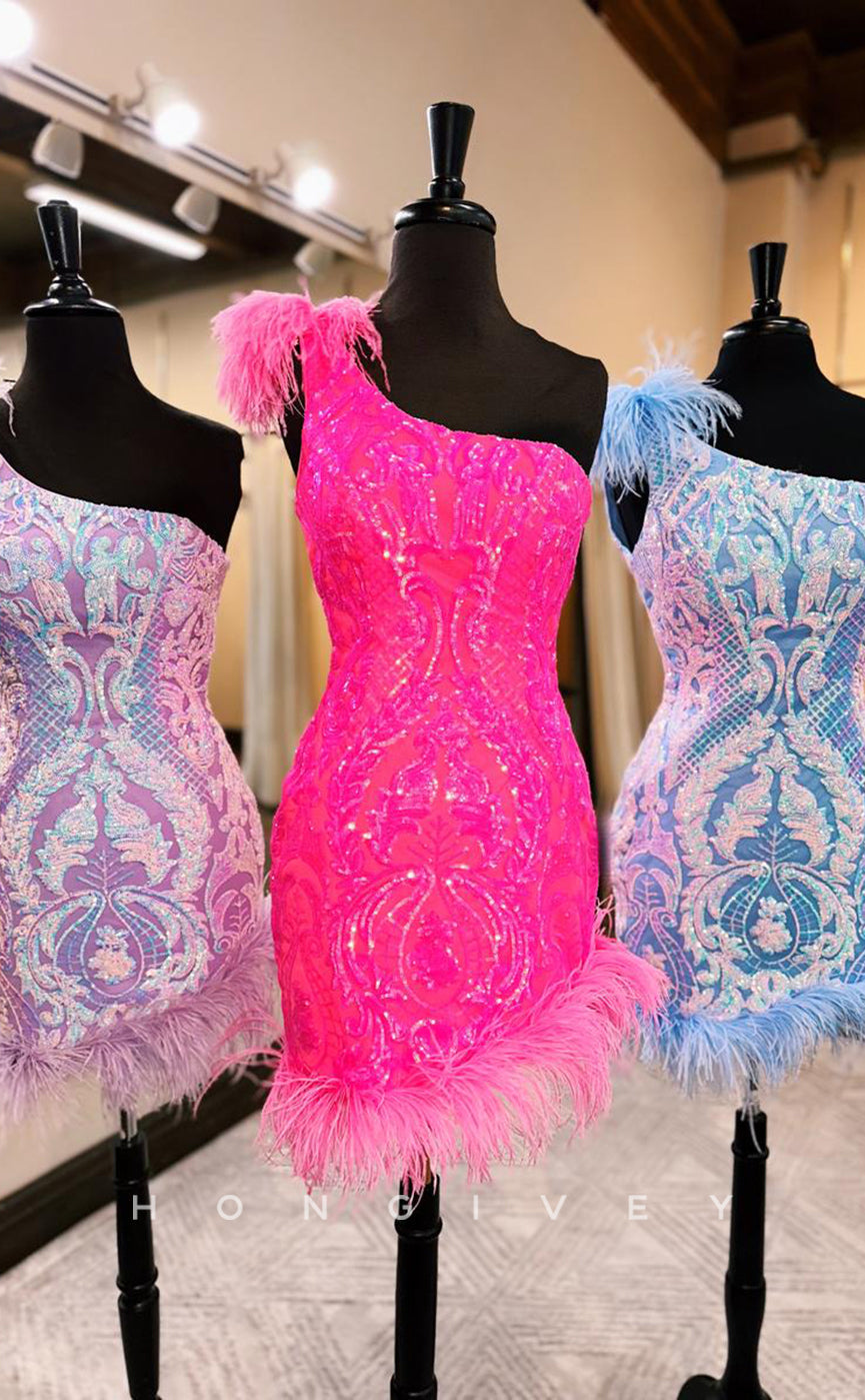 H1963 - Sexy Fitted Fully Sequined One Shoulder Feathers Embellished Short Homecoming Dress - Fashionpara