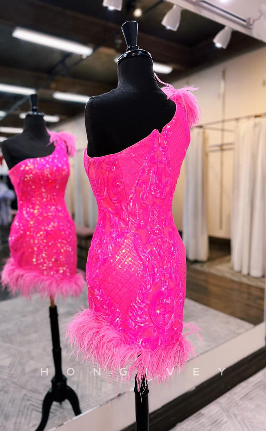 H1963 - Sexy Fitted Fully Sequined One Shoulder Feathers Embellished Short Homecoming Dress - Fashionpara