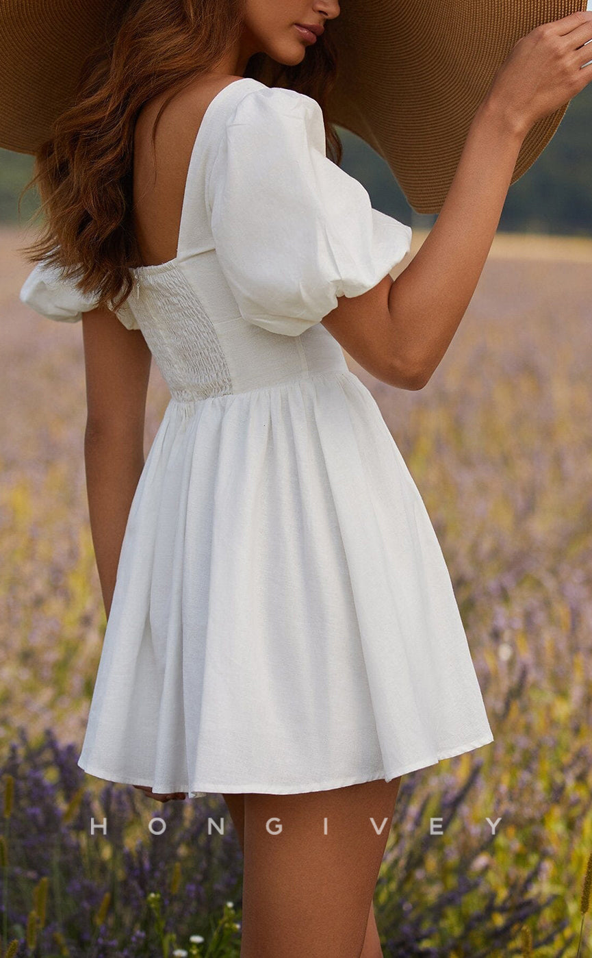 H1969 - Simple & Casual A-Line V-Neck Puff Sleeves Gown Short Party/Homecoming Dress - Fashionpara