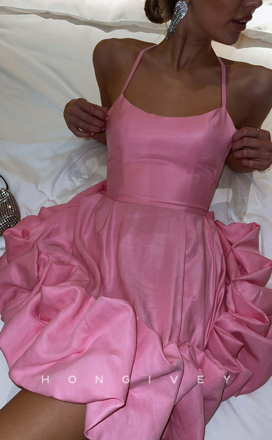 H1972 - Sexy Satin A-Line Scoop Spaghetti Straps Floral Embellished Short Party/Homecoming Dress - Fashionpara