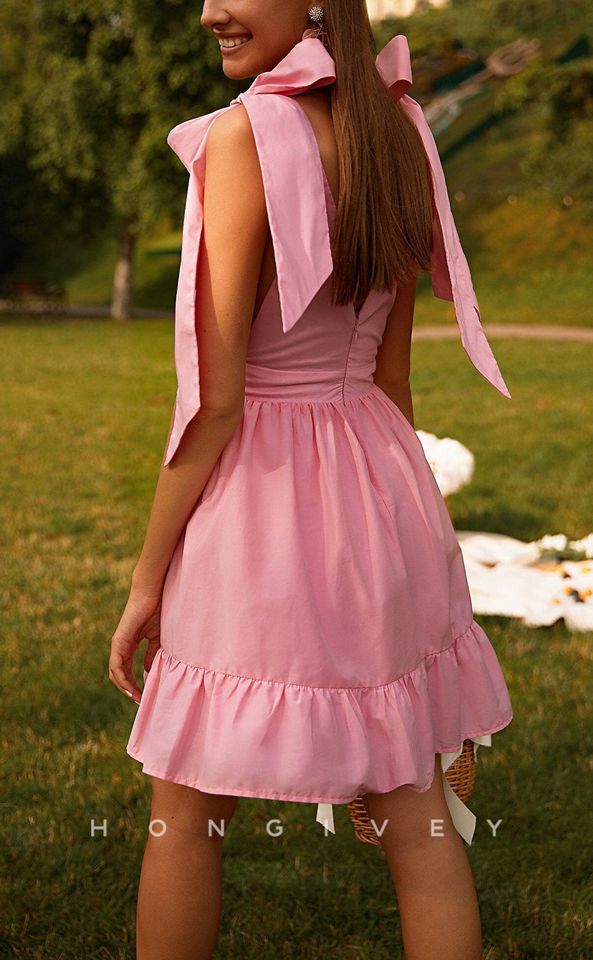 H1975 - Chic & Modern A-Line Empire V-Neck Bowknot Lace-Up Short Party/Homecoming Dress - Fashionpara
