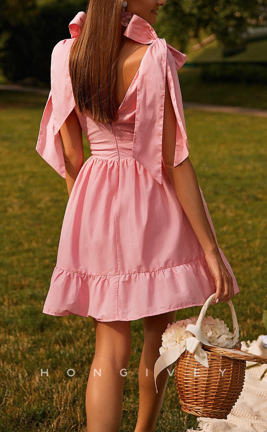 H1975 - Chic & Modern A-Line Empire V-Neck Bowknot Lace-Up Short Party/Homecoming Dress - Fashionpara