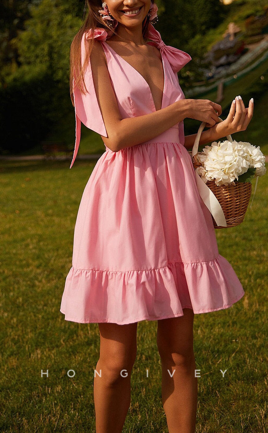 H1975 - Chic & Modern A-Line Empire V-Neck Bowknot Lace-Up Short Party/Homecoming Dress - Fashionpara