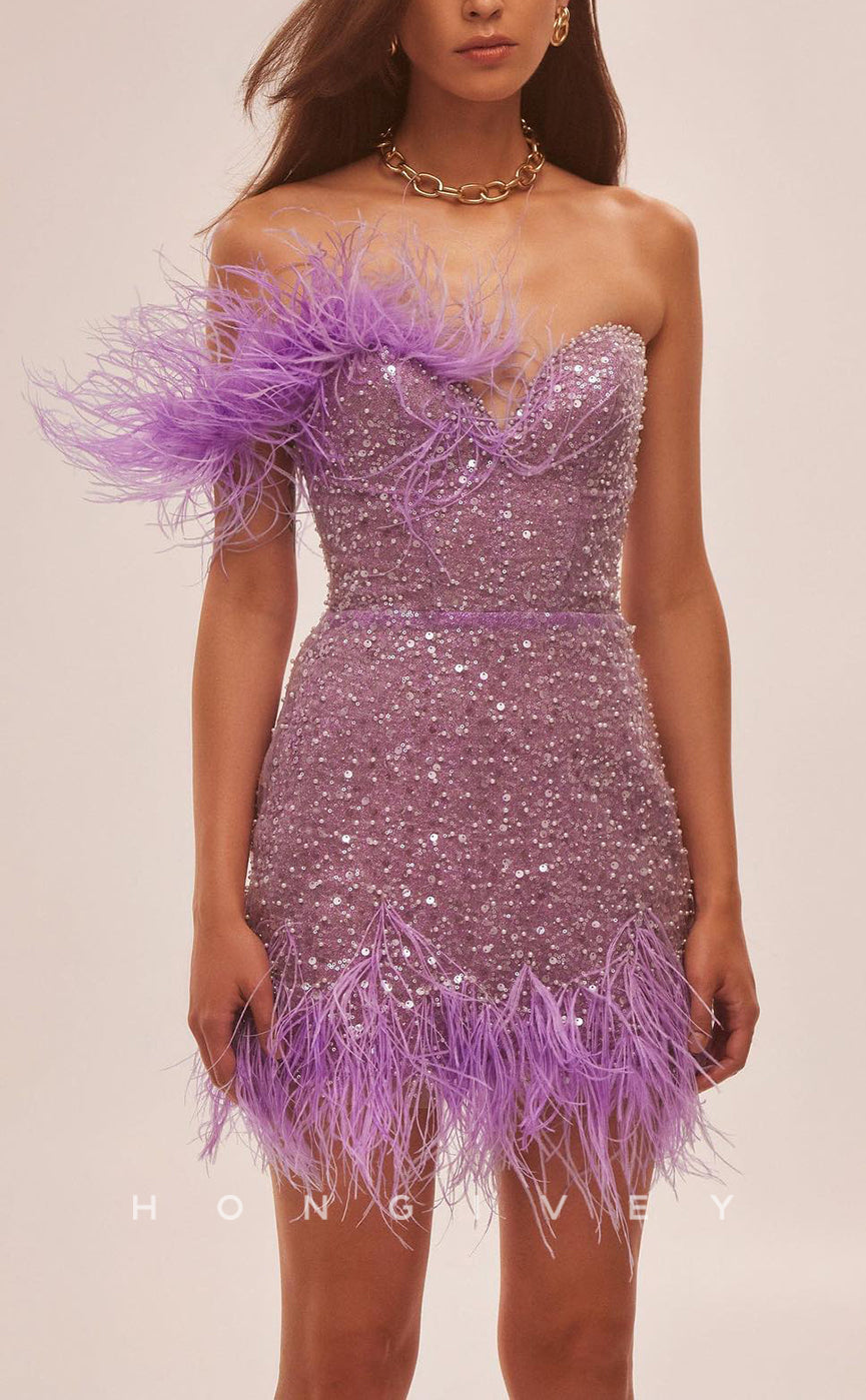 H1976 - Sexy Fitted Glitter Fully Sequined Sweetheart Feather Short Party/Homecoming Dress - Fashionpara
