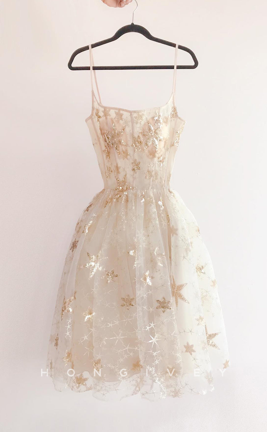H1988 - Cute A-Line Tulle Square Spaghetti Straps Sequins Short Party/Homecoming Dress - Fashionpara