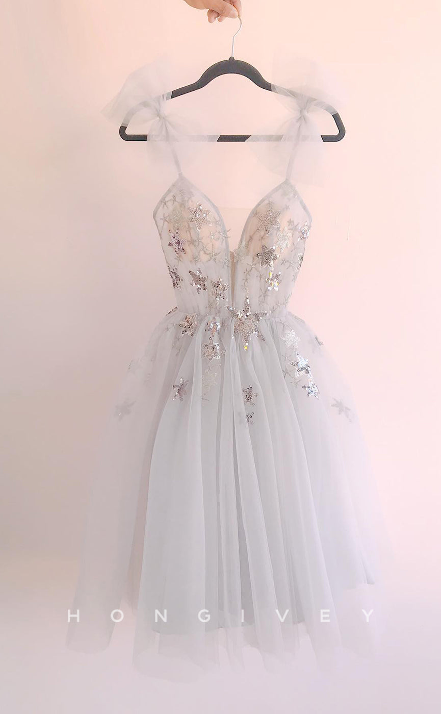 H1989 - Ornate  A-Line Illusion Cutout V-Neck Bowknot Spaghetti Straps Short Party/Homecoming Dress - Fashionpara