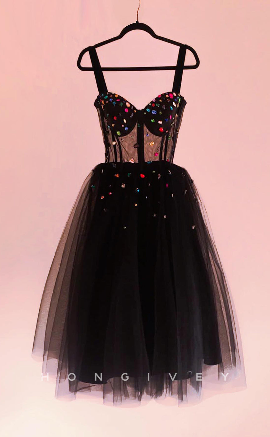 H1991 - Sexy Black Illusion Cutout Tulle A-Line Sweetheart Spaghetti Straps Rhinestone Short Party/Homecoming Dress - Fashionpara