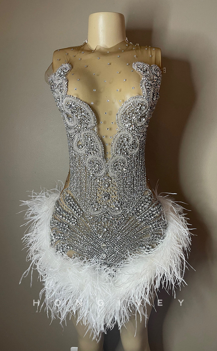 H1995 - Sexy Fitted Glitter Illusion High Neck Strapless Beaded Feathers Short Homecoming Dresses For Black Women - Fashionpara