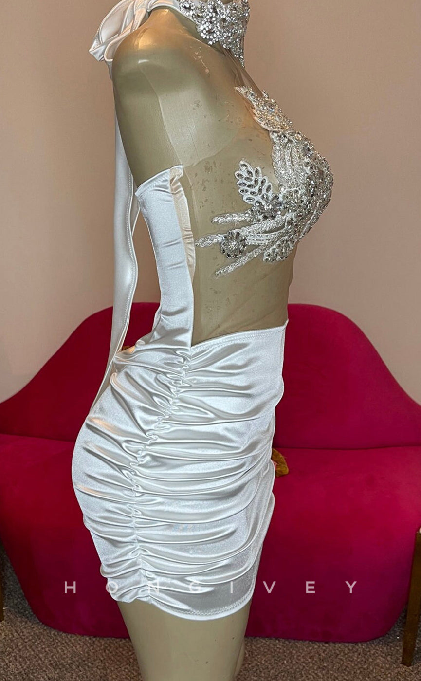 H1996 - Sexy Fitted Illusion Appliques Sleeveless Halter Ruched Short Homecoming Dresses For Black Women - Fashionpara