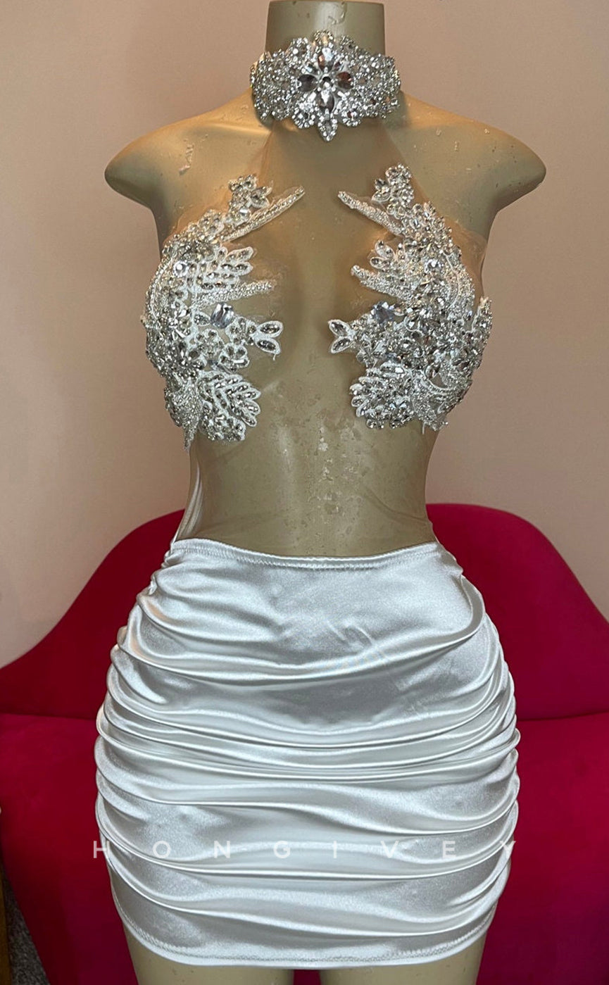 H1996 - Sexy Fitted Illusion Appliques Sleeveless Halter Ruched Short Homecoming Dresses For Black Women - Fashionpara