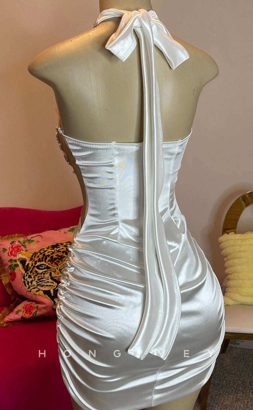 H1996 - Sexy Fitted Illusion Appliques Sleeveless Halter Ruched Short Homecoming Dresses For Black Women - Fashionpara
